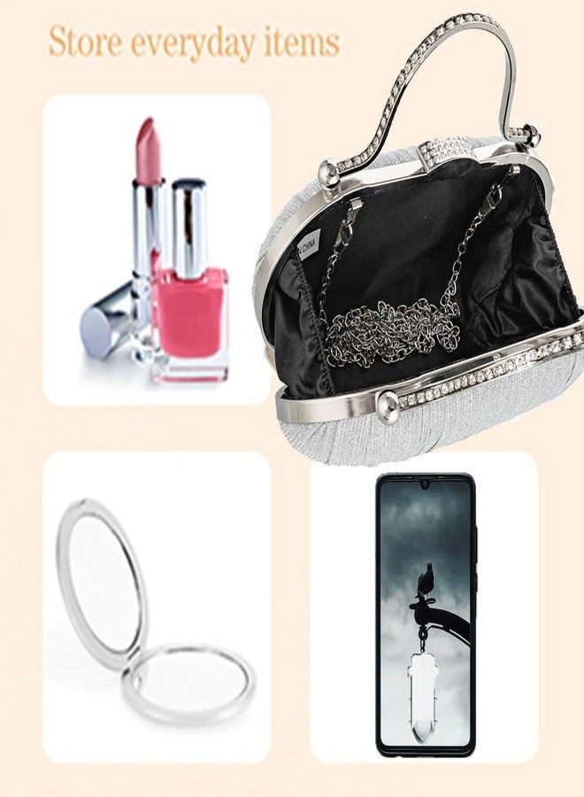 Simcat Clutch Purse for Women Glitter Pleated Evening Handbags with Rhinestone Evening Bag for Formal Bridal Wedding Party (Silver) - Image 4